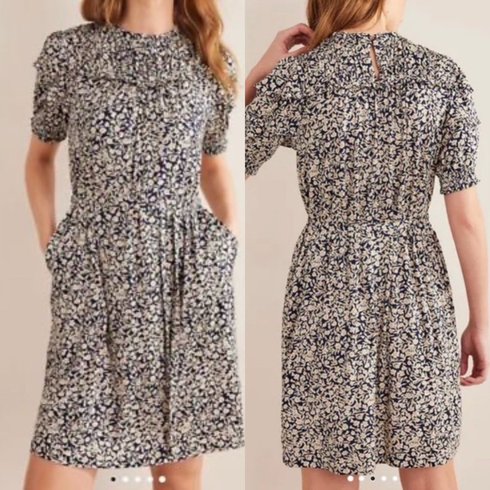 Boden yoke detail jersey mini dress w/ waist tie floral print